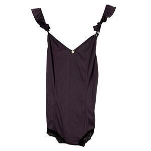 NWT Free People Sleepwear Bodysuit Womens L Purple Ribbed Lace Ruffle Coquette